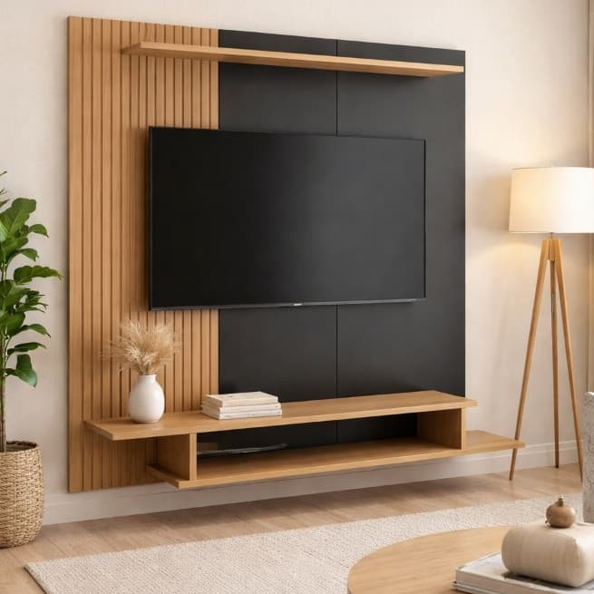 Painel Suspenso para TV com Rack e Prateleira – Madeira Ripada Decorativa