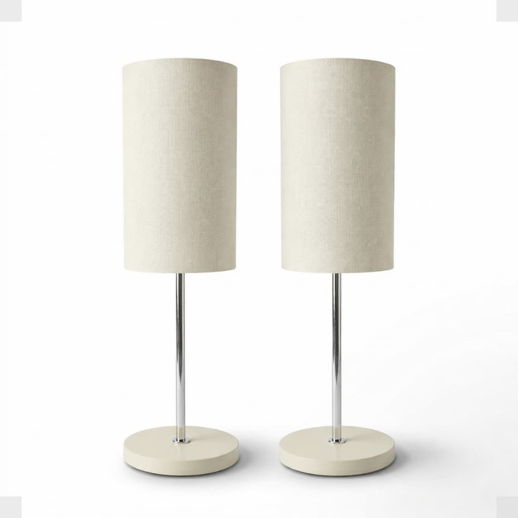Kit 2 Abajures Luminária De Mesa Cúpula Cilíndrica Tecido Estrutura Cromada Madeira Off White