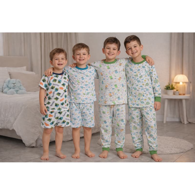 Kit com 4 Pijamas Infantil Menino 2 Manga Curta + 2 Manga Longa Algodão Confortável do 2 ao 12