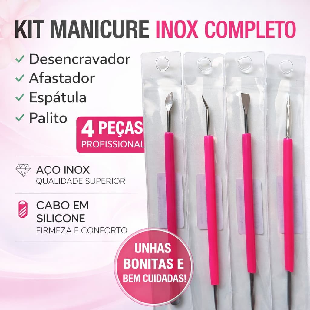 Kit Cutelaria Unha Inox Profissional 4 Peças Espátula Desencravador Afastador Silicone Rosa