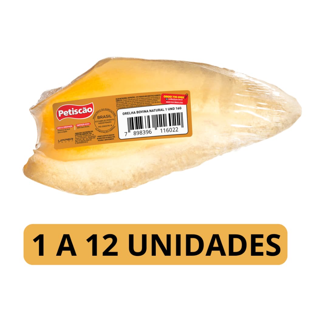 Petisco Orelha Bovina Natural para Cães Reduz Estresse 1 a 12UN - Petisco Orelha Bovina