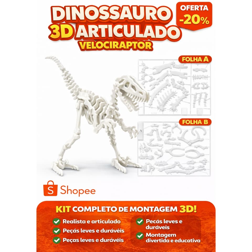 Quebra-Cabeça 3D Dinossauro Velociraptor 14cm para Montar – Kit Esqueleto Decorativo Branco