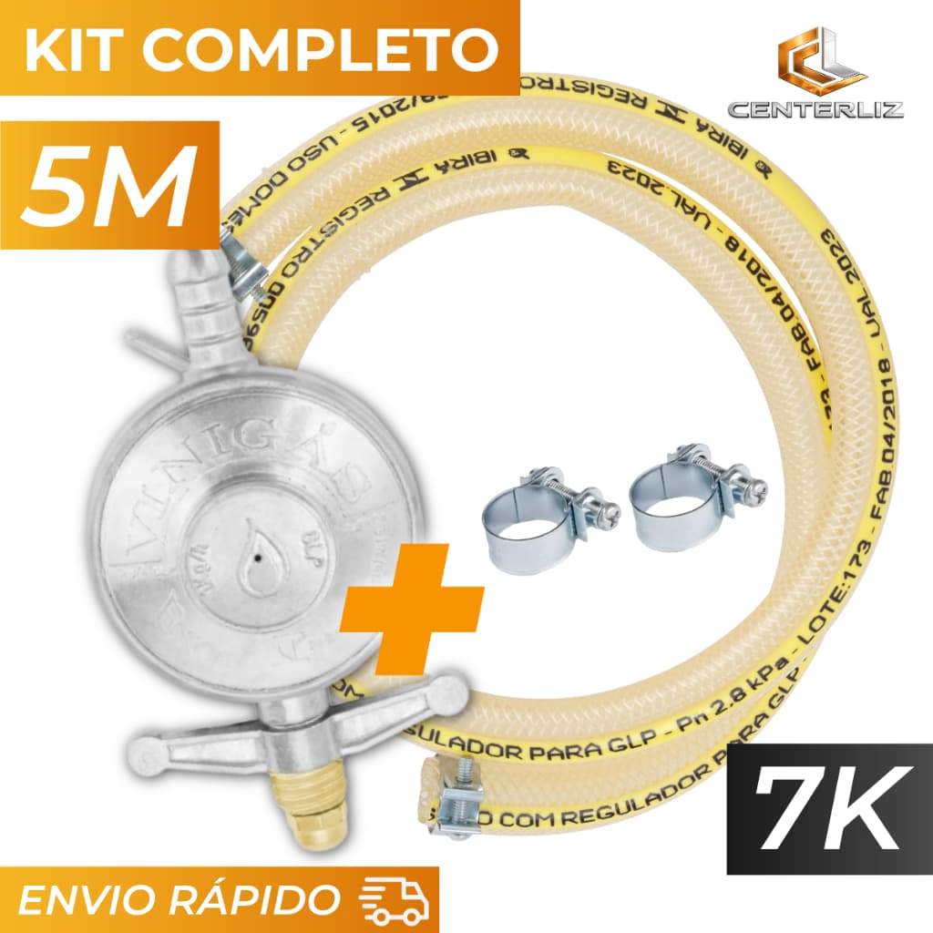 Kit Gás Mangueira 5 Metros 7K Multiuso Registro Regulador 2 Braçadeiras Instalação Botijão Fogão Glp