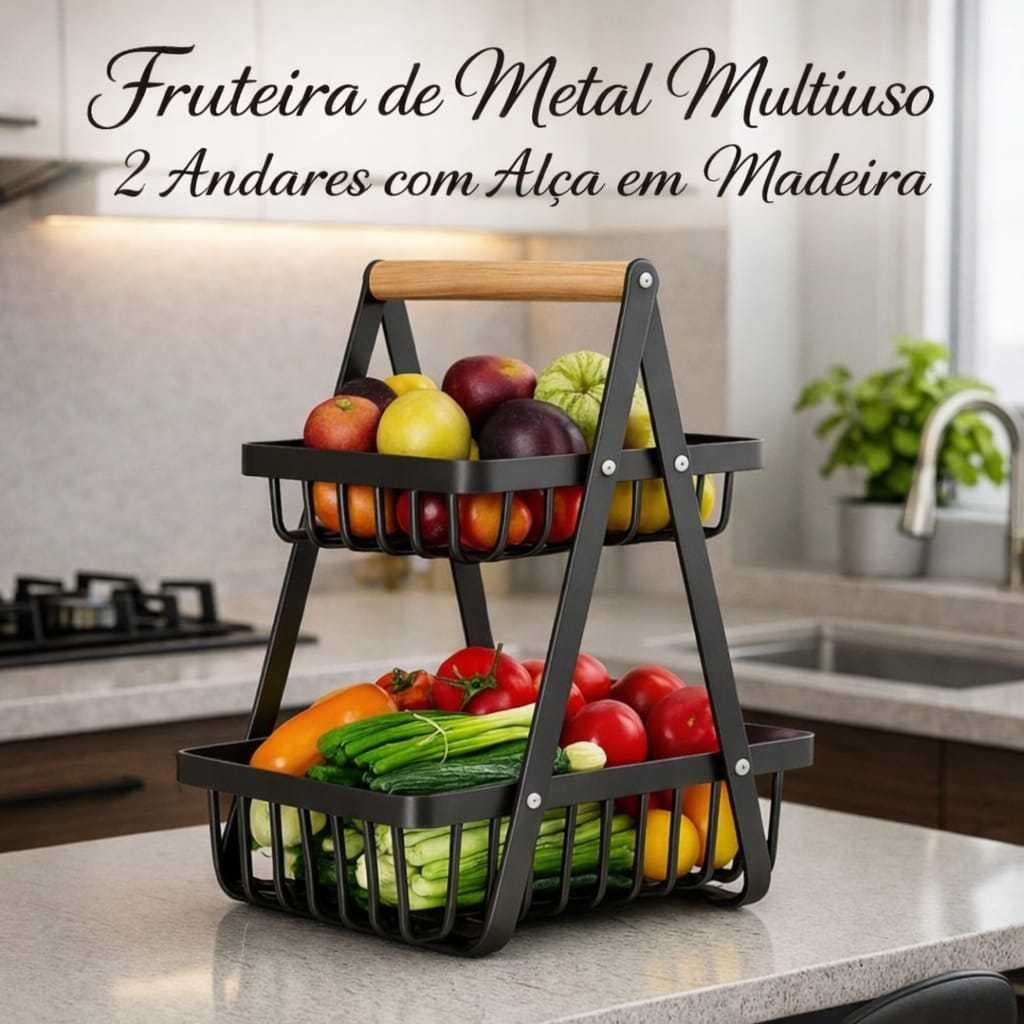 Fruteira de Metal Multiuso 2 Andares com Alça em Madeira - Sortida-Cesta frutas-mesa-Organizador-