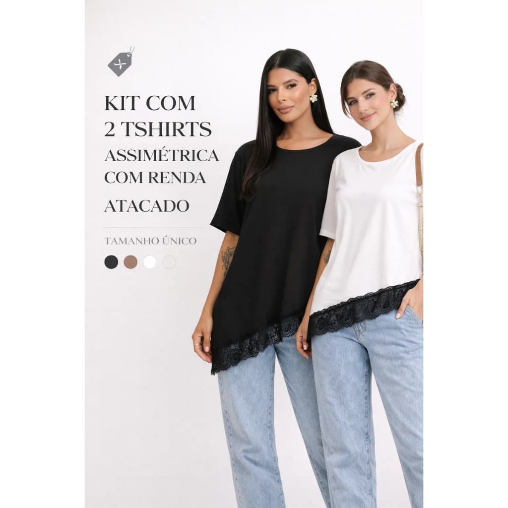Kit 2 Blusas Femininas Tshirt Oversized Assimétrica C/ Renda