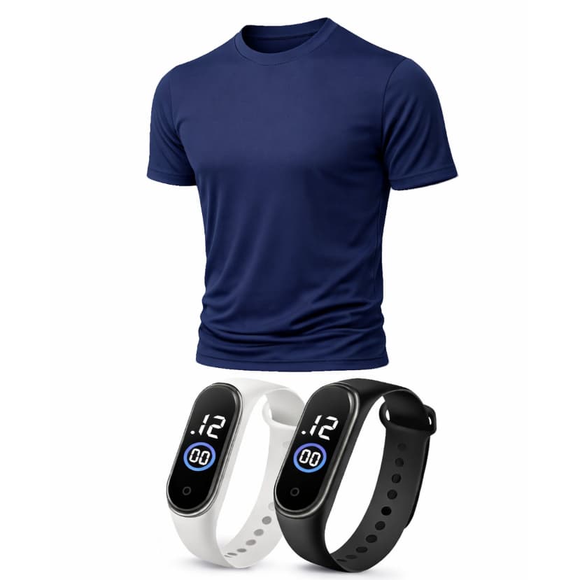 Kit Camiseta Dry Fit Masculina + Relógio M4 Fitness Academia Corrida Promoção