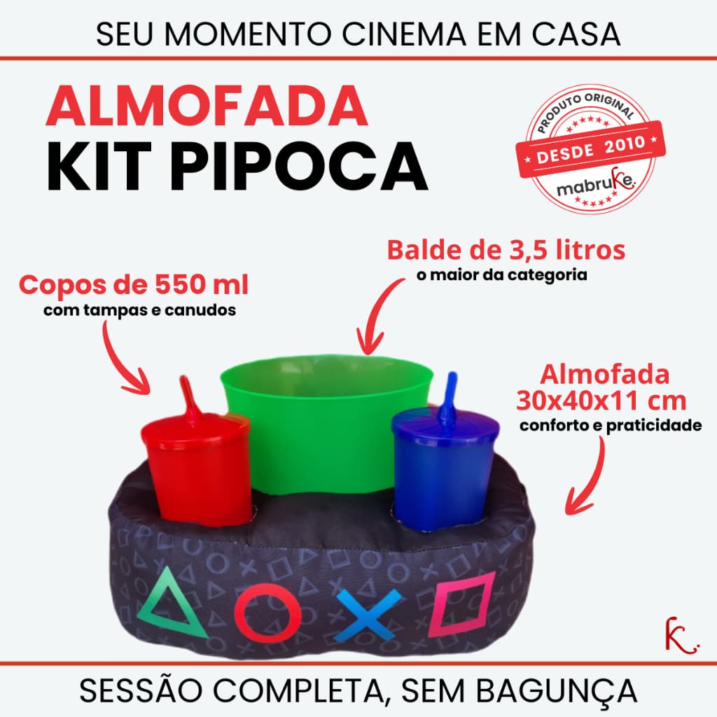 🍿Kit Pipoca Duplo GAMER Mabruke – Presente Criativo para Namorados – Almofada Porta Copos + Balde Cinema em Casa