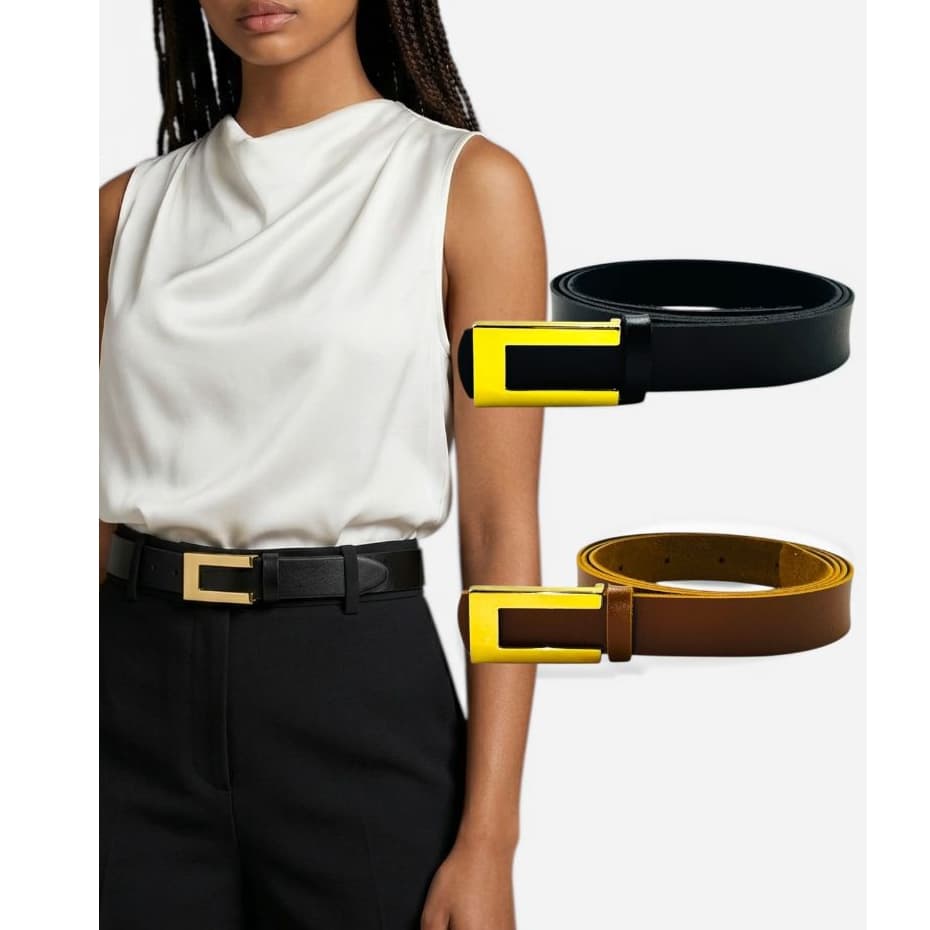 Kit2 Cinto Feminino Da Moda Elegante Fivela Dourada Couro Sintético Sofisticado - Rita