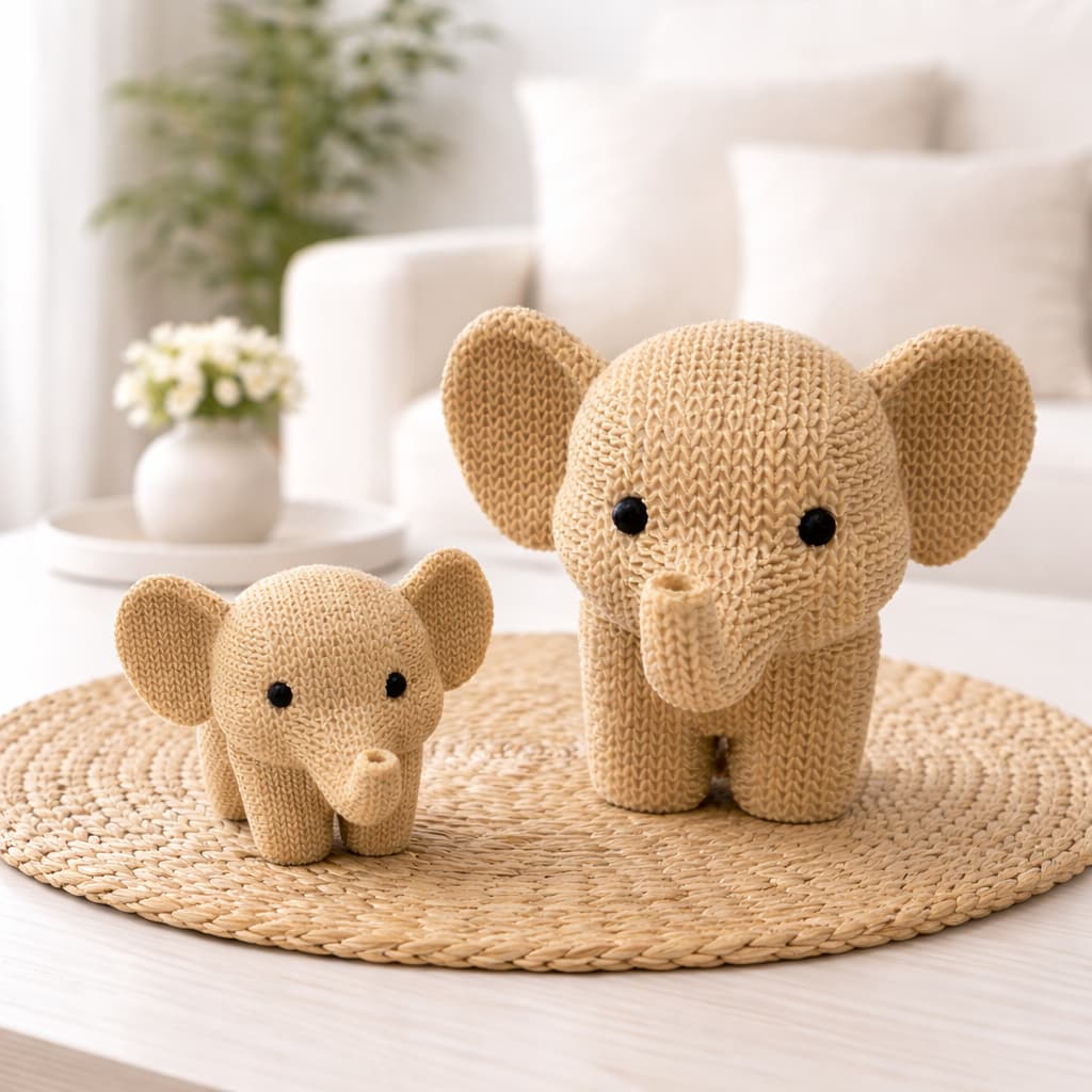 Elefante Decorativo Pequeno com Textura Crochê para Sala e Quarto — Kit Duo, Presente Criativo