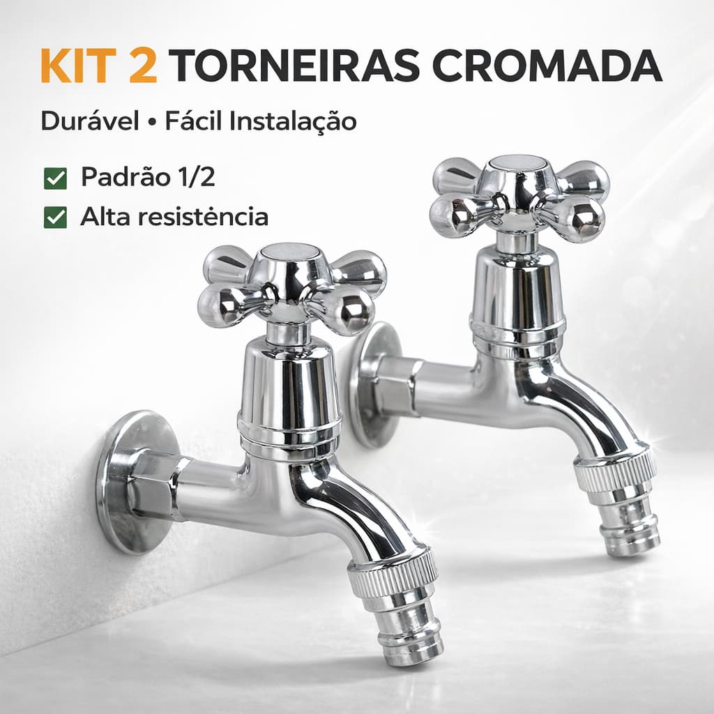 Kit 2 Torneira PVC Cromada 1/2 Jardim Tanque Parede Resistente Fácil Instalação