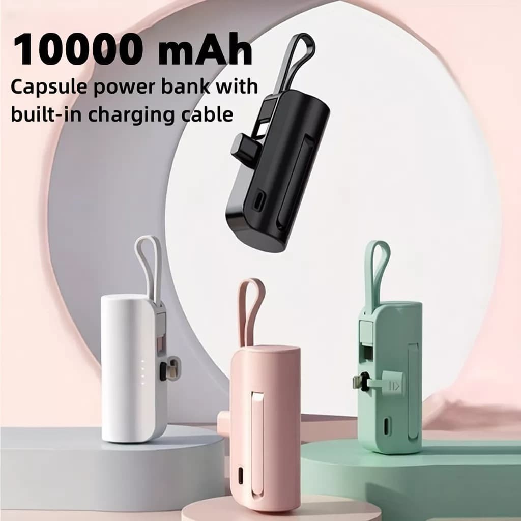 Power Bank Mini 10000mAh para Viagens: Recarga Sem Fio e Cabo (iPhone e Tipo-C) 2em1