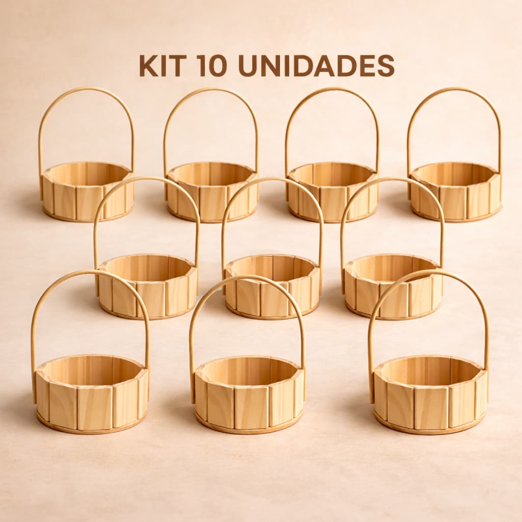 Kit 10 Cesta de Presente Fraldeira De Pinus 13cm Com Alça Lembrancinha Dia das Mães Páscoa Namorados