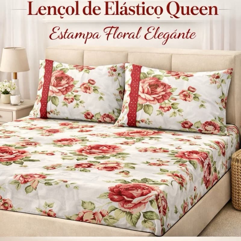 Kit Lençol Queen Box Casal 100% Algodão com Fronha – Estampa Flores Vermelhas (3 Peças)