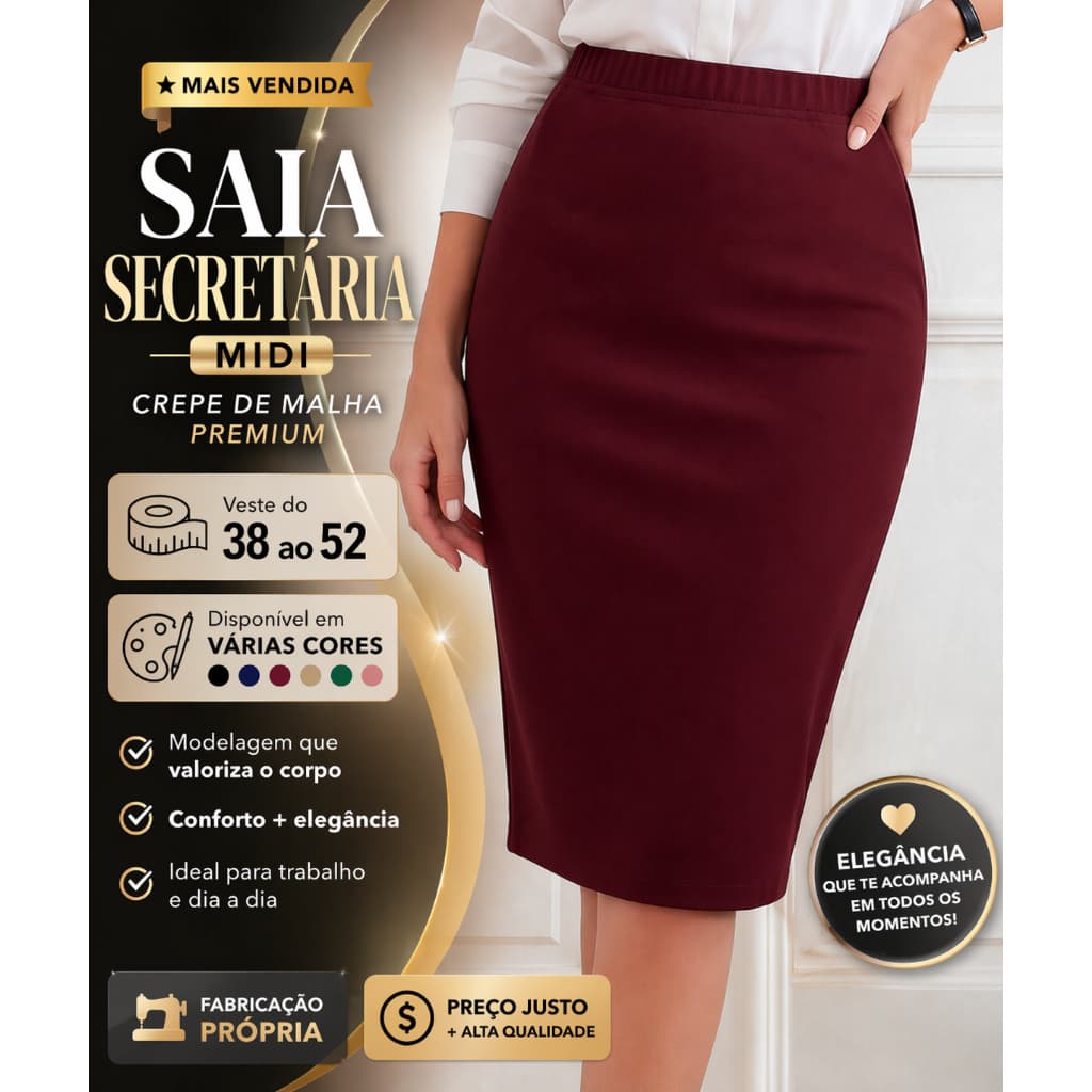 SAIA FEMININA CLASSICA SOCIAL SECRETARIA MIDI CREPE DE MALHA COM ELASTANO MODA EVANGELICA PLUSSIZE