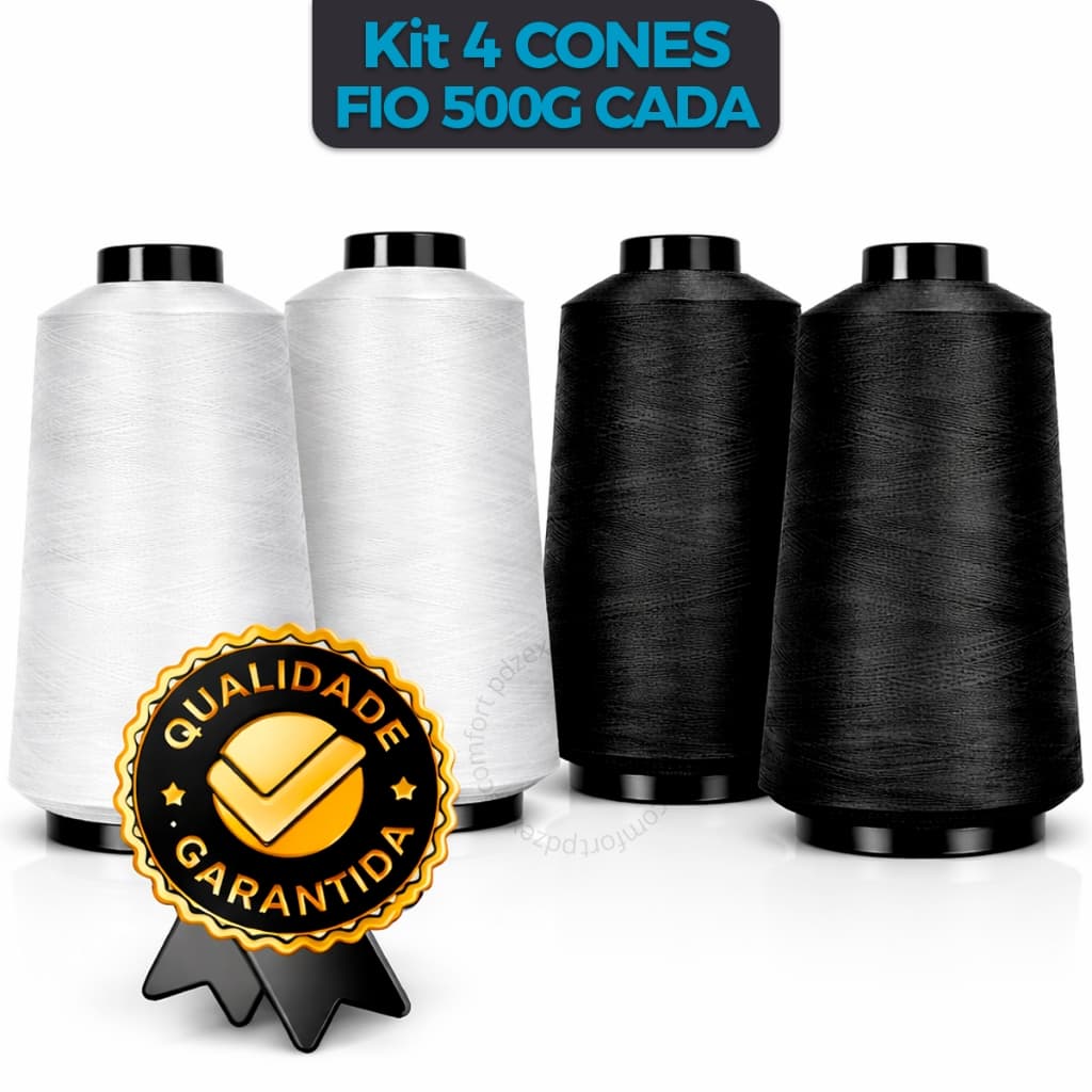 Kit 4 Fios Poliéster Cones 500g Cada Preto e Branco Costura Overloque Máquina