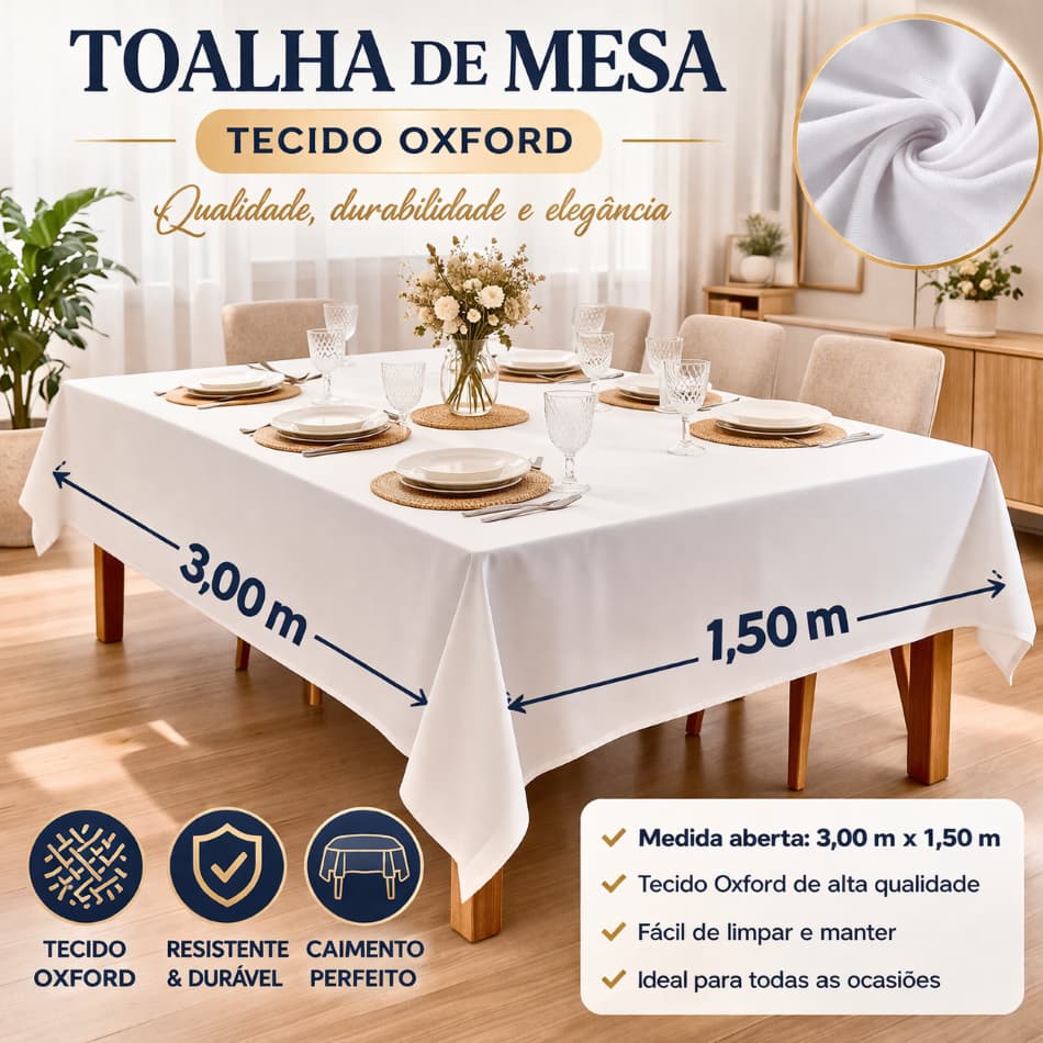 Toalha de Mesa Grande 3,00x1,50 Tecido Oxford Importado Premium Acabamento