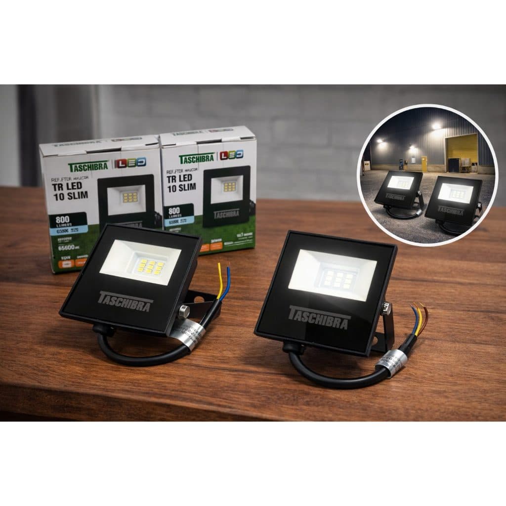 LUZ LED PARA JARDIM REFLETOR HOLOFOTE 10W SLIM LUMINARIA BRANCA 6500K TASCHIBRA KIT 2 UNIDADES