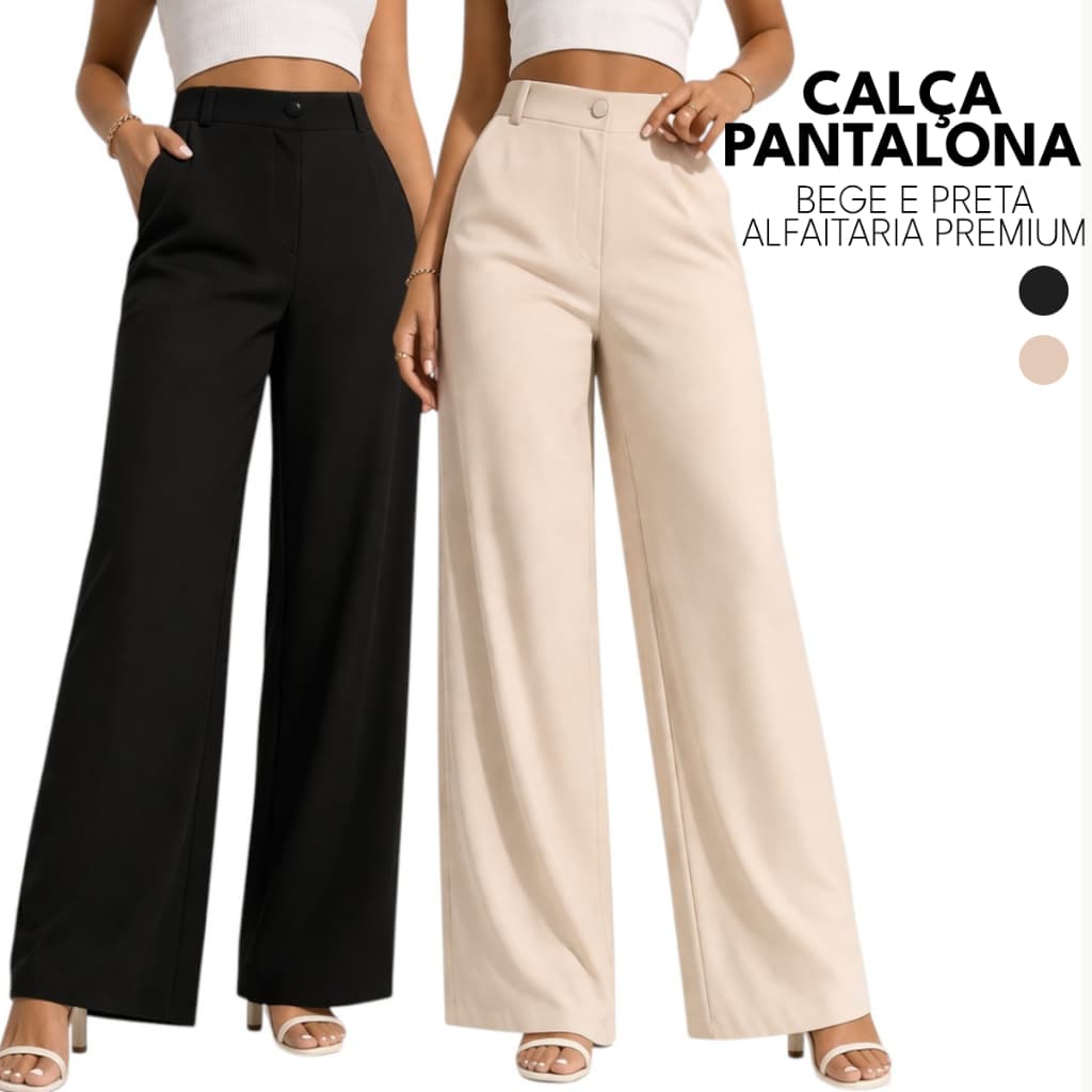 Calça Pantalona Alfaiataria Feminina Premium Cintura Alta Social Luxo Bege Preta Com Bolsos Viscose