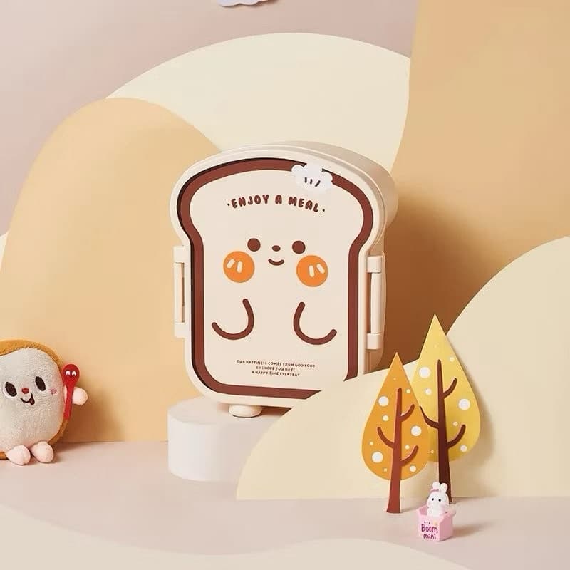 Marmita Infantil Divertida Formato Pão com Divisórias + Colher e Garfo – Lancheira Criativa para Crianças