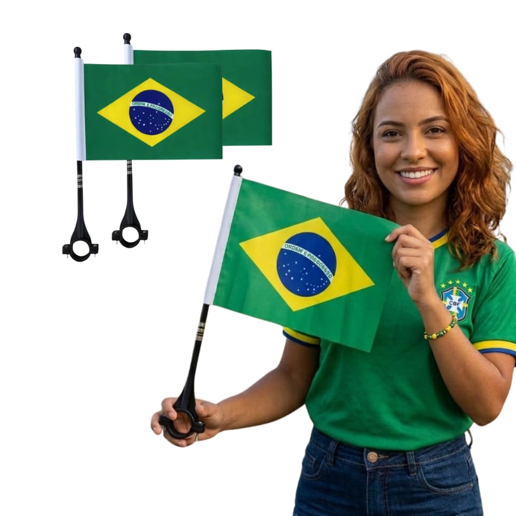 Kit 2 Bandeiras Brasil Moto Guidão Bike Poliester Copa Haste Bandeirinha Bicicleta Torcedor Suporte