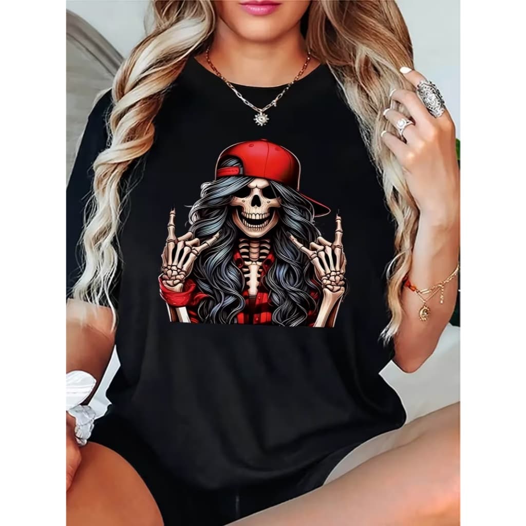 Camisa Feminina Caveira Rock Fashion Estampada Premium Algodão Confortávelb