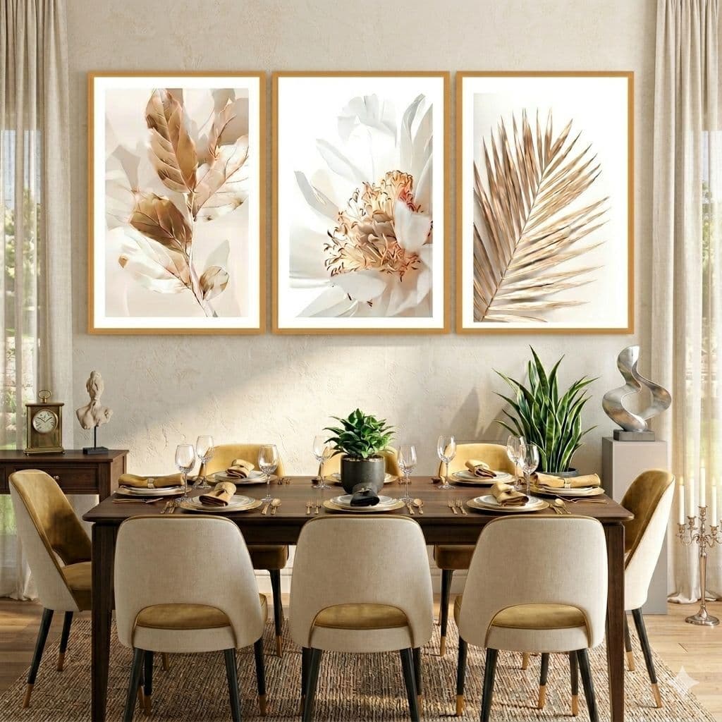 Quadro Decorativo sala kit 3 Peças Grande Folhagem Dourada Moderno quadros decorativos