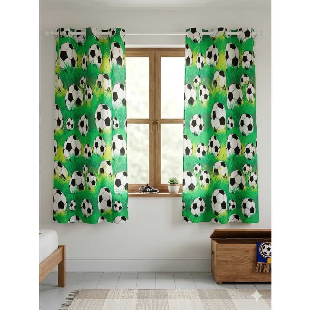 Cortina Infantil Futebol Verde 2,00x1,50 Oxford 2 Partes Com Ilhós – Quarto Menino Decoração EsportivA