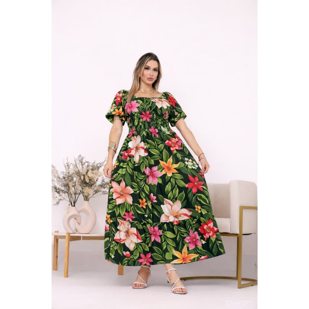 VESTIDO LASTEX ESTAMPA CIGANINHA OMBRO A OMBRO TRES MARIAS BABADO MANGA BUFANTE FLORAL