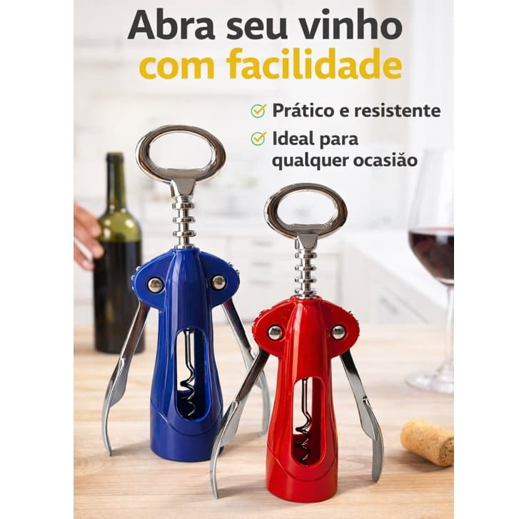 Saca Rolhas Profissional Abridor de Vinhos Garrafas Em Metal Com Acabamento Plástico Azul e Vermelho