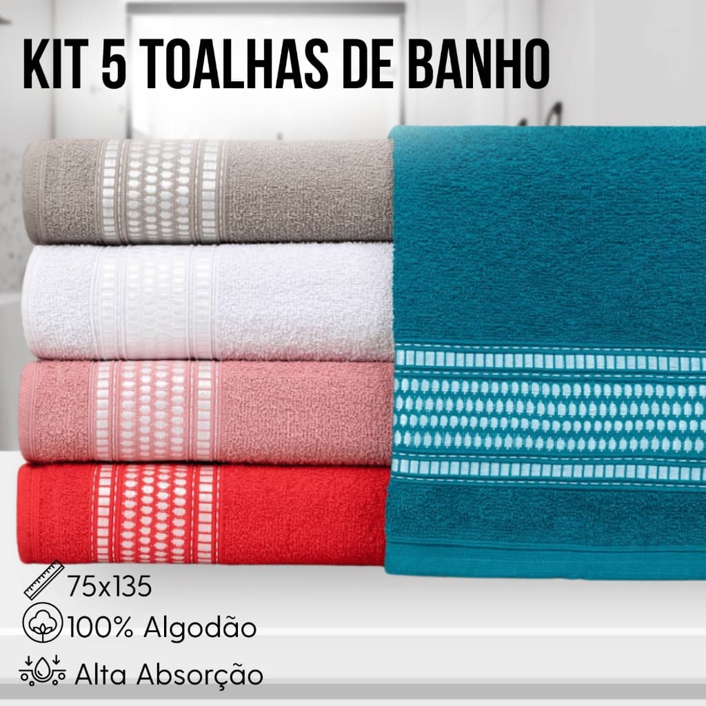 KIT 5 TOALHAS DE BANHO BANHÃO 100% ALGODÃO UNISSEX