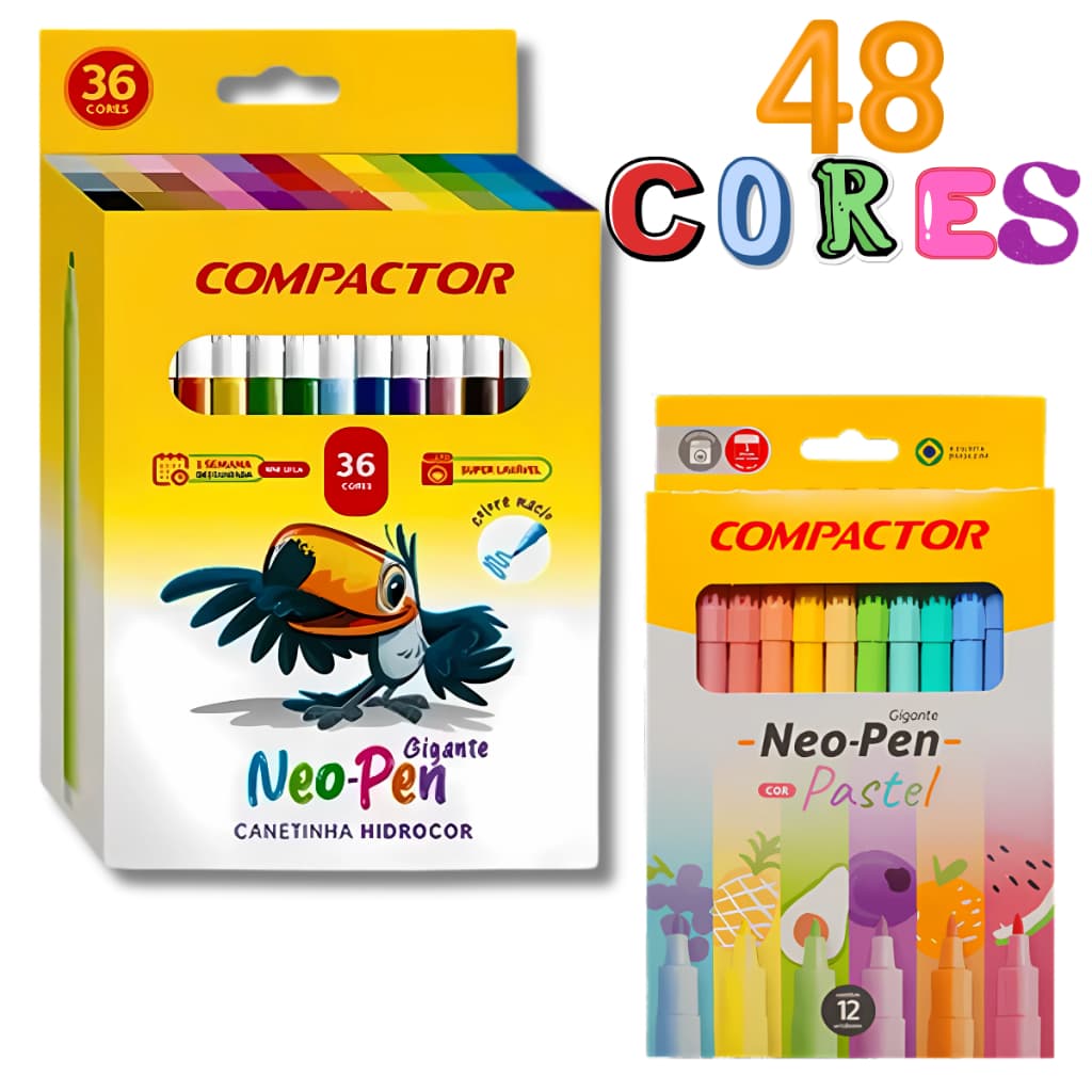Kit 48 Canetas Compactor Original Neo Pen Hidrocor Gigante 36 cores + 12 Tom Pastel Com Cheirinho