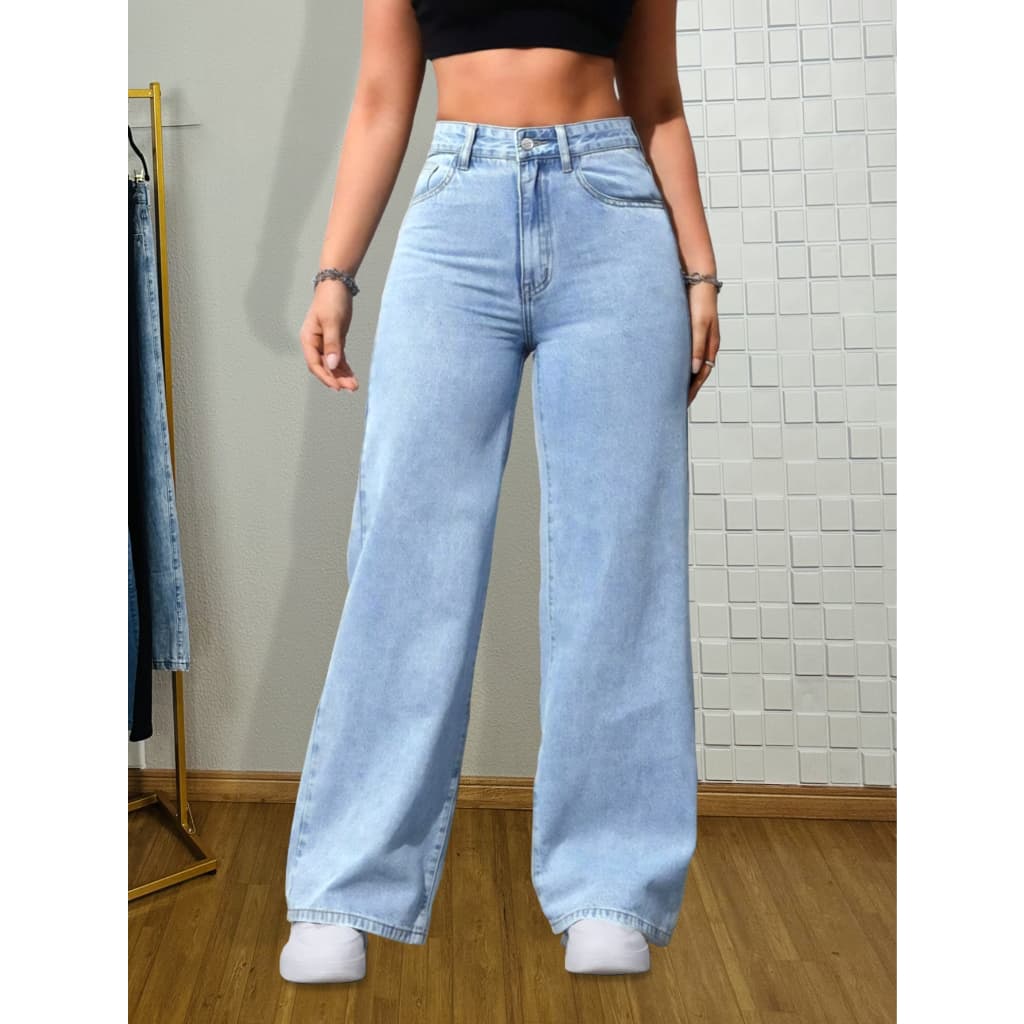 Calça Wide Leg Jeans feminino Pantalona azul marmorizado Corte reto Melhor do Brasil