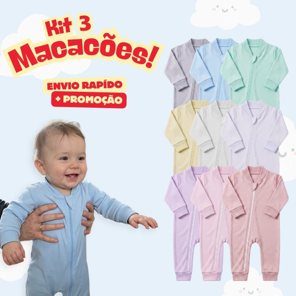 Kit 3 Macacão Bebê Liso Manga Longa 100% Algodão Zíper Inverno Infantil (0 a 12 meses)