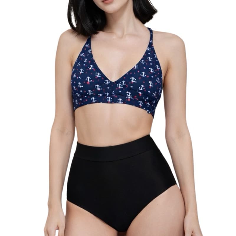 Top de Biquíni frente única estampado dupla face, use dos dois lados (preto, âncora, listrado)