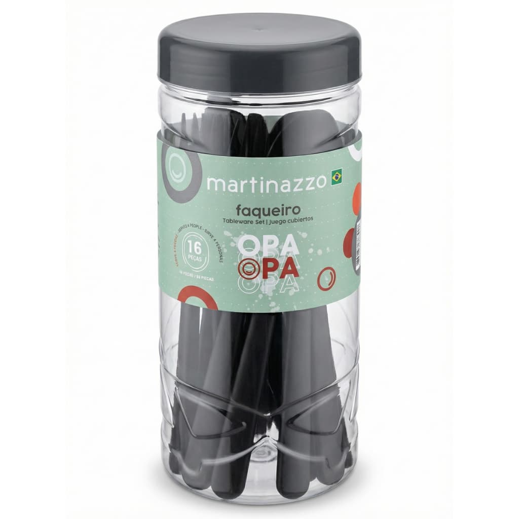 Faqueiro 24 Peças Inox Jogo de Talheres Com Pote Preto Vermelho Kit Cozinha
