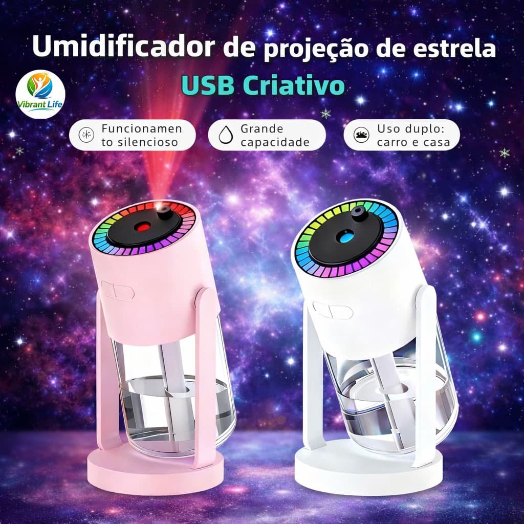 Umidificador de Ar LED Projetor Estrela Galáxia Silencioso USB Aromatizador Difusor Ultrassônico