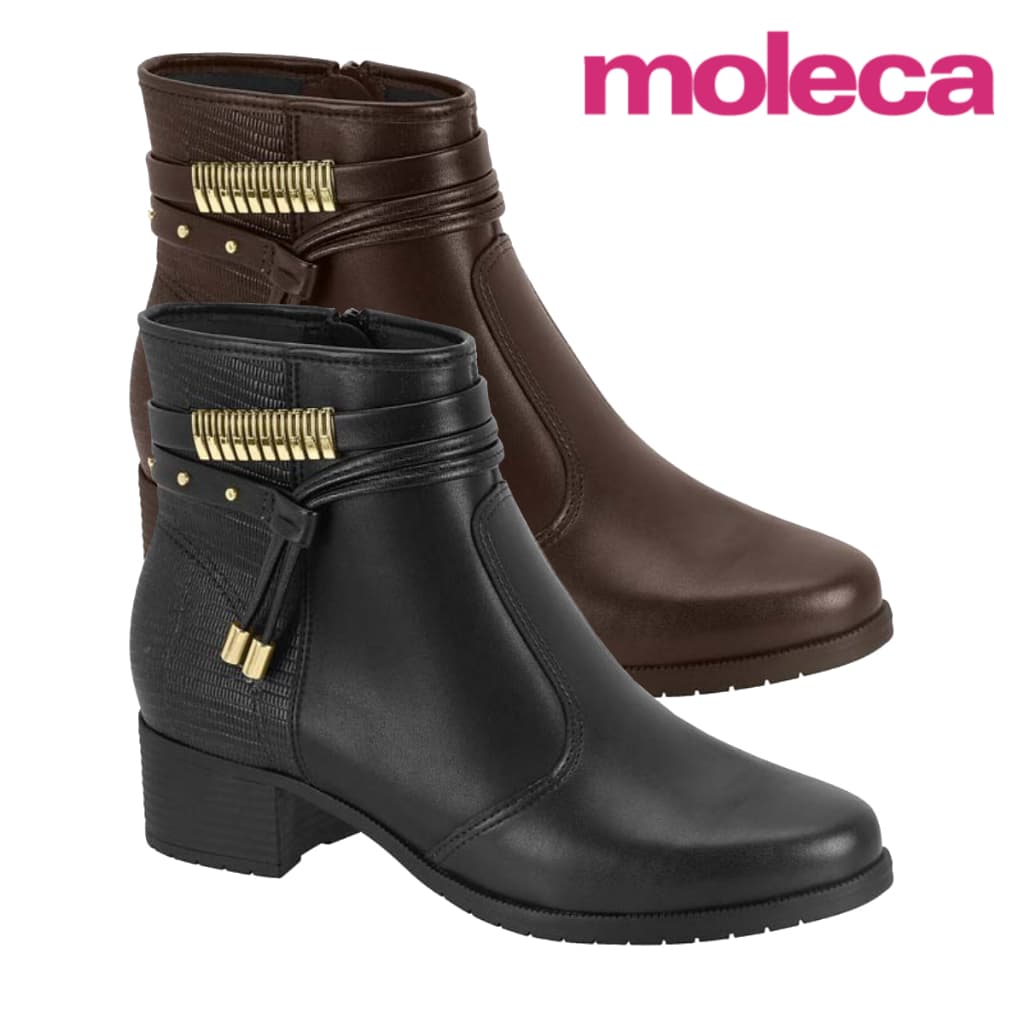 Bota Feminina Moleca Casual Cano Curto Salto Grosso Zíper Detalhes Dourado Confortável Original