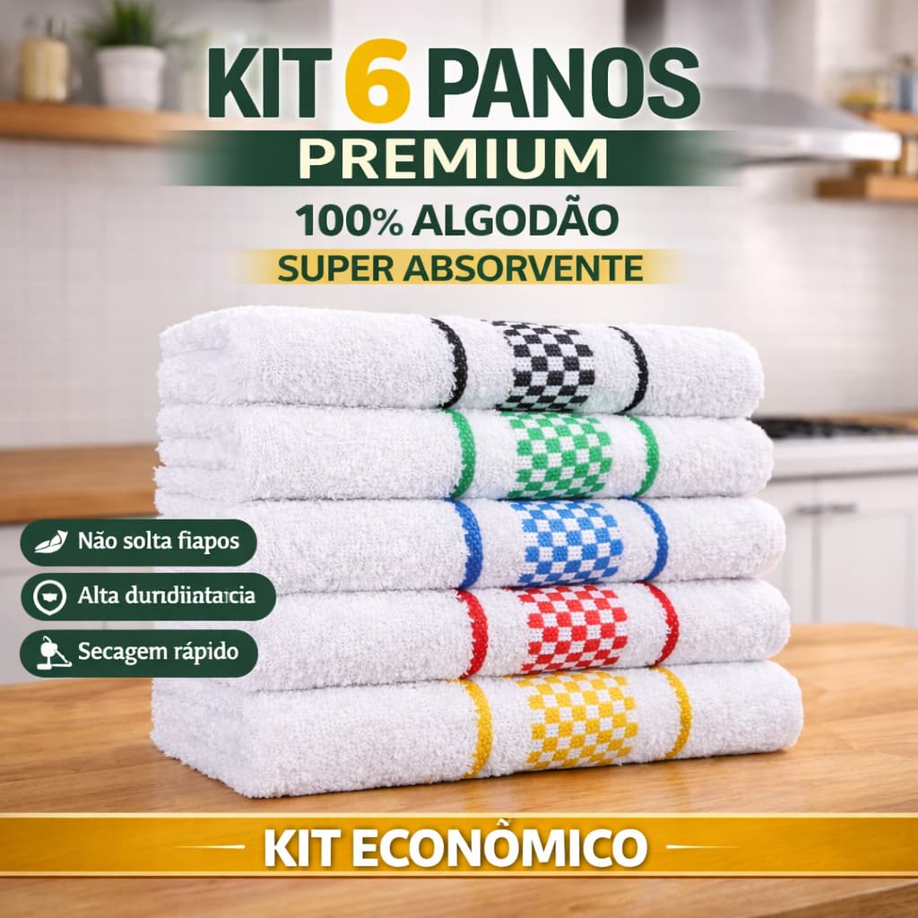 Kit Pano de Prato 6 Peças 100% Algodão Macio Grosso Alta Absorção 45x70 Toalha Cozinha Copa