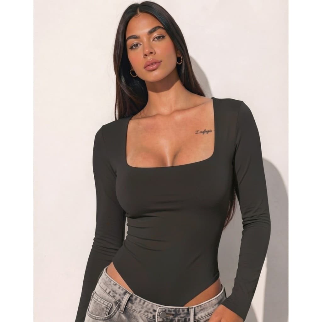 Body Feminino Manga Longa Decote Quadrado com Fecho Suplex Premium Inverno Frio