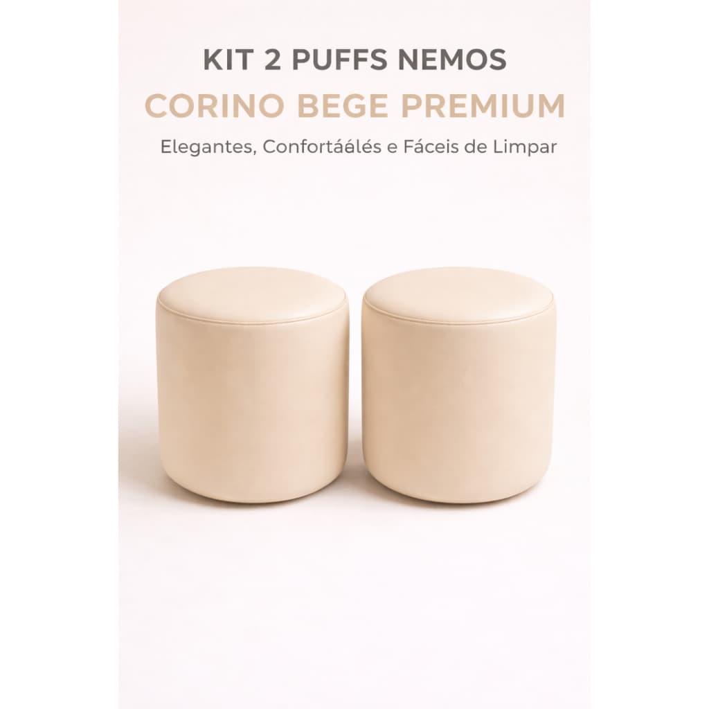 Kit 2 Puffs Decorativos Nemos Corino Bege Premium – Práticos, Resistentes