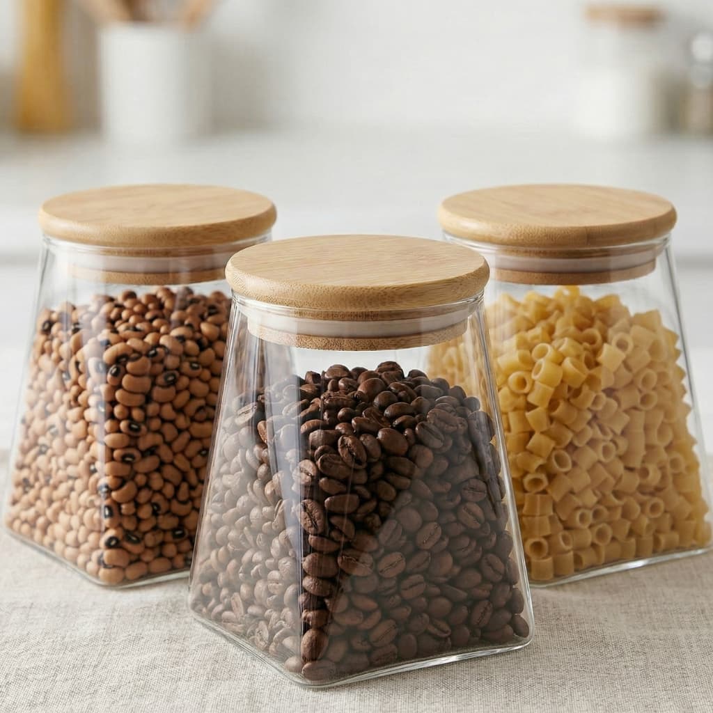 Jogo 2/3 Potes de Vidro Hermético Pirâmide Tampa Bambu 500/750 ml - Organizador Luxo