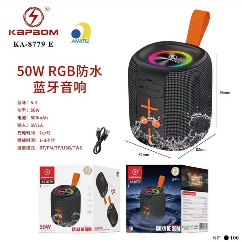 Caixa de som portátil KA-8778E  8779E Bluetooth Altomex 50W TWS LED/USB/SD/FM com graves potentes