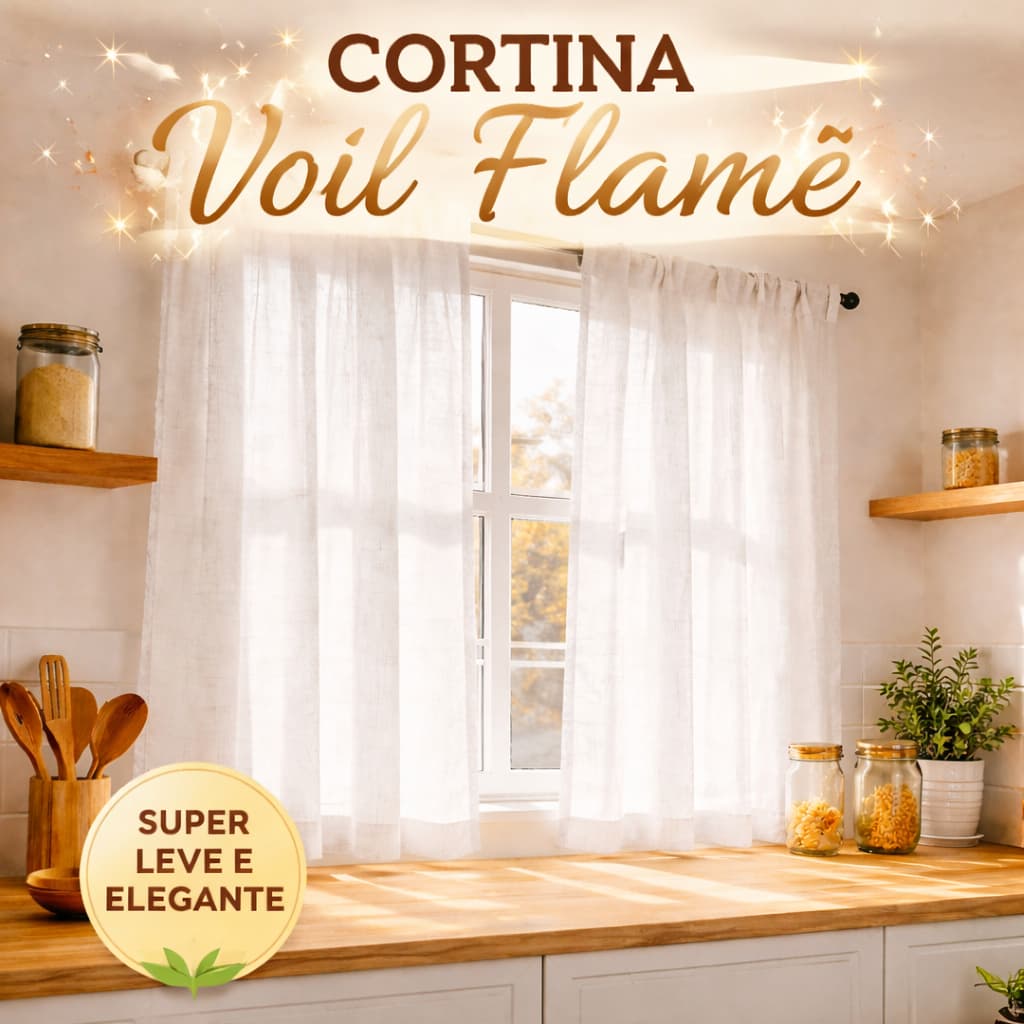 Cortina Voil Flame Linho Luxo 3,00x1,30 Varão Passante Sala Cozinha - Sem Ilhós