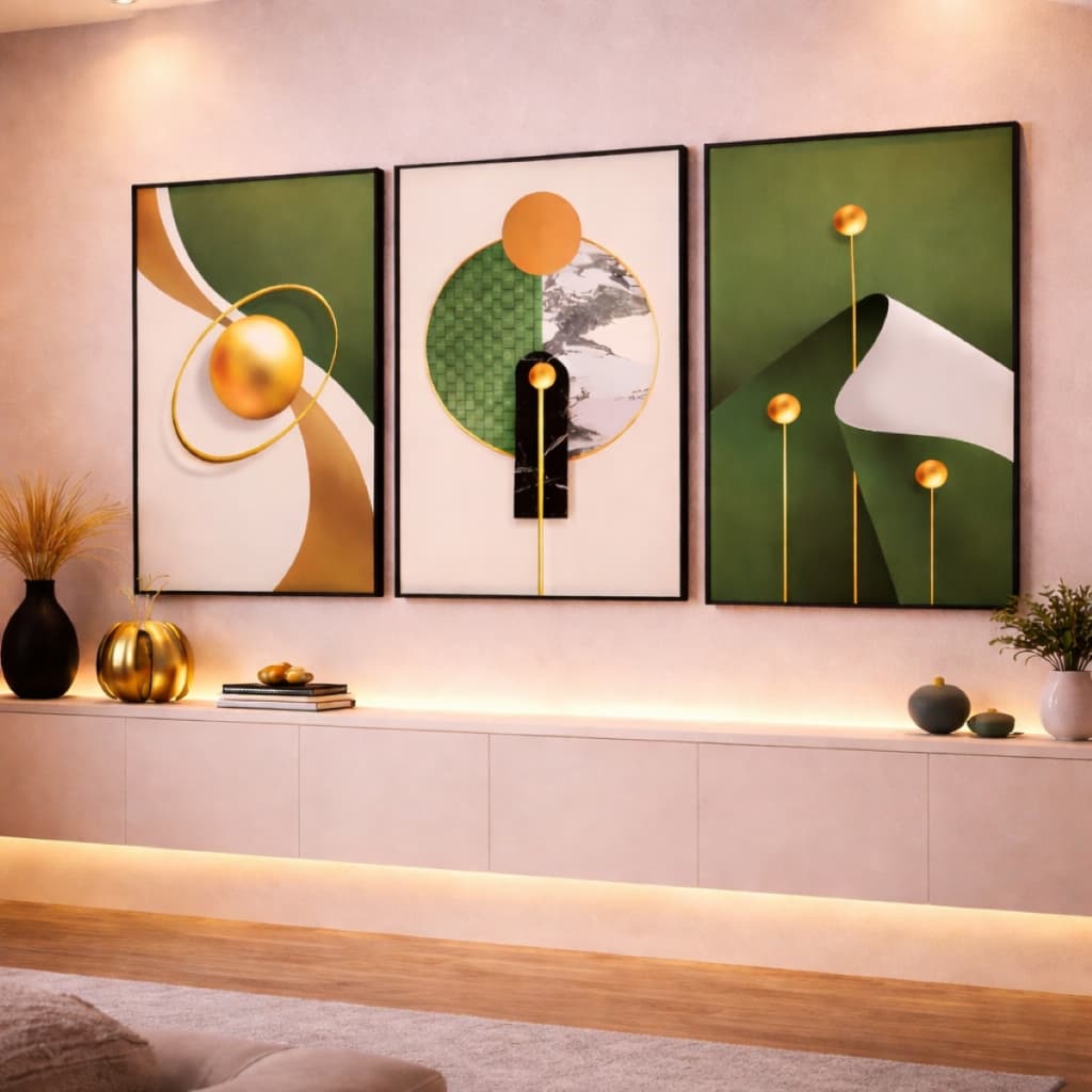 Quadro Decorativo Nordic Luxo Simétrico Verde Sala Hall Hd