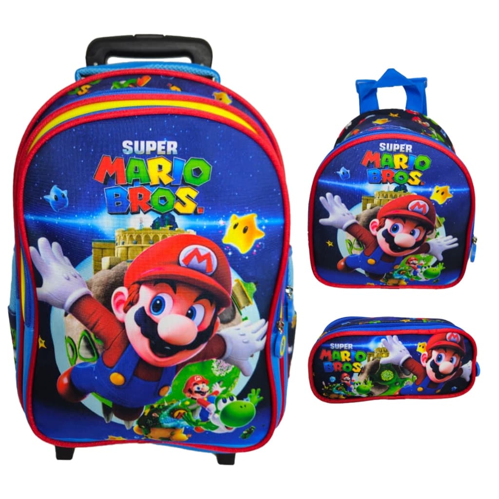 Mochila De Rodinha Escolar Infantil, Super Mario, Lancheira E Estojo Duplo