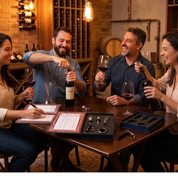 Kit Vinho Completo Livro Degustação, Saca-rolhas, Anel corta-gotas,Tampa para vinho, Cortador de  lacre e Aerador