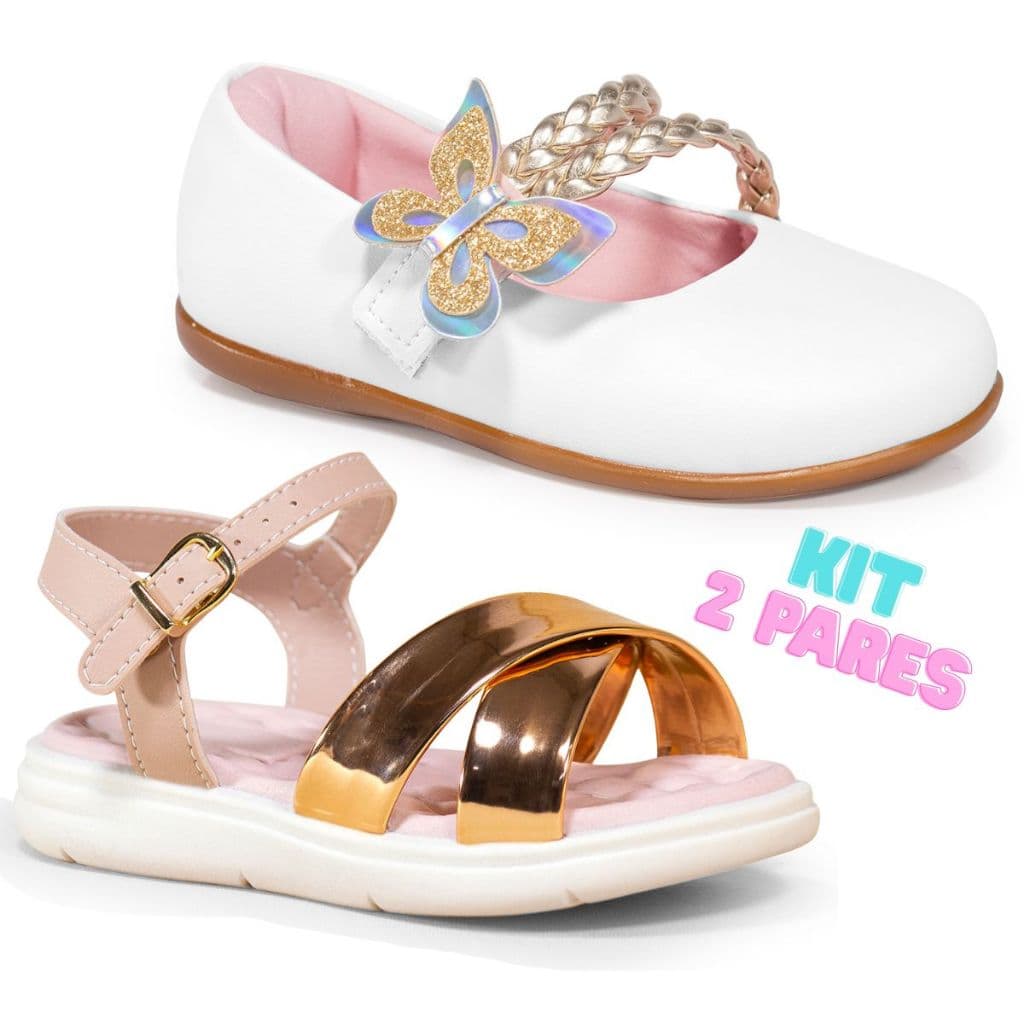 Kit 2 Pares Sandália Infantil Menina e Sapatilha Bebê Borboleta Confortável Leve Festa Passeio