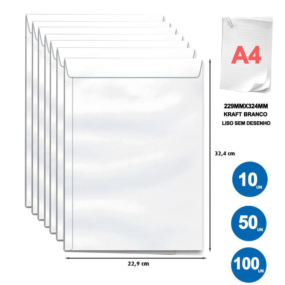 Envelope A4 Branco 229 x 324 mm Kraft 22 x 32 cm 10, 50 e 100 e 250 Unidades