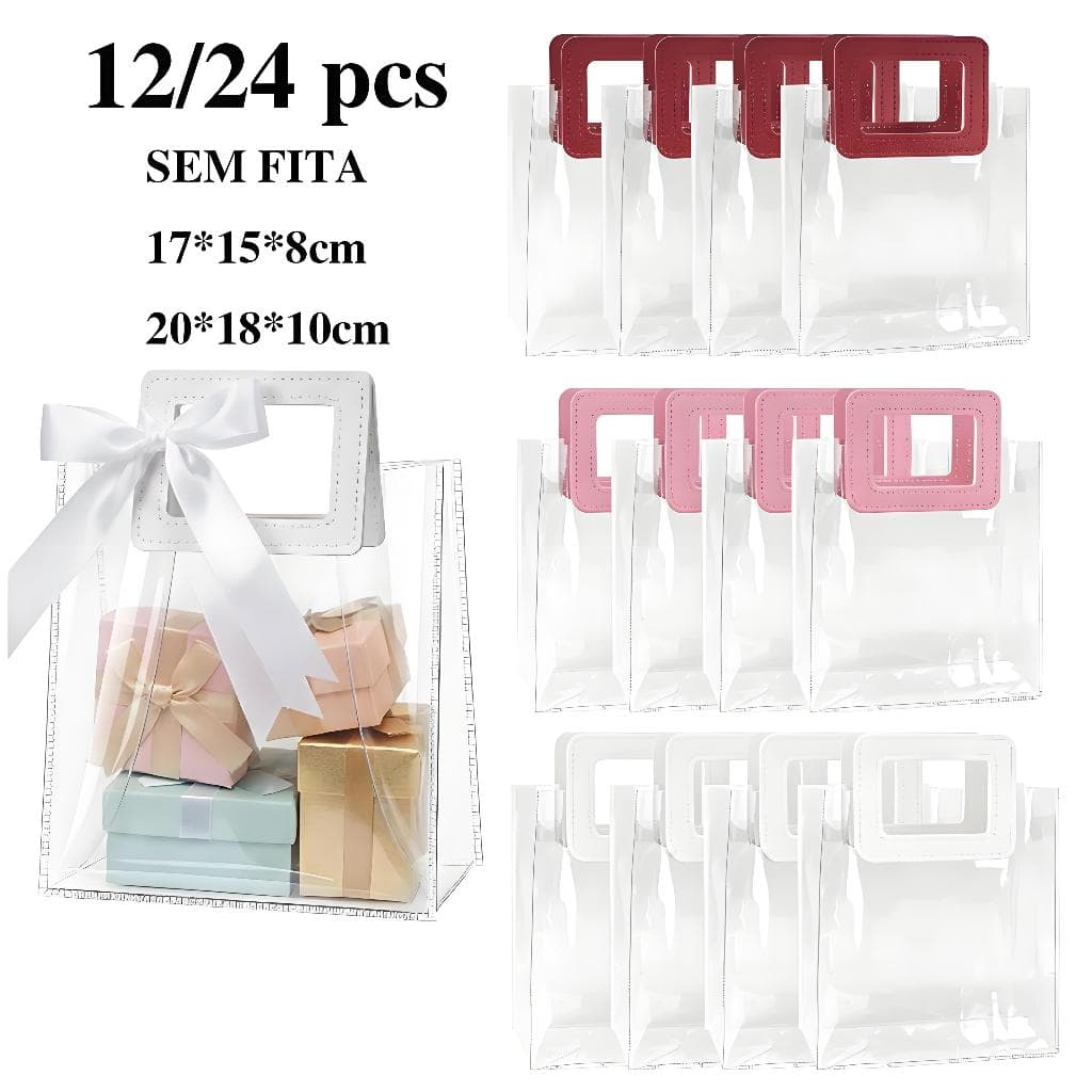 24 sacolas transparentes com alças, reutilizáveis, ideais para lojas de varejo, mercearias, casamentos, aniversários