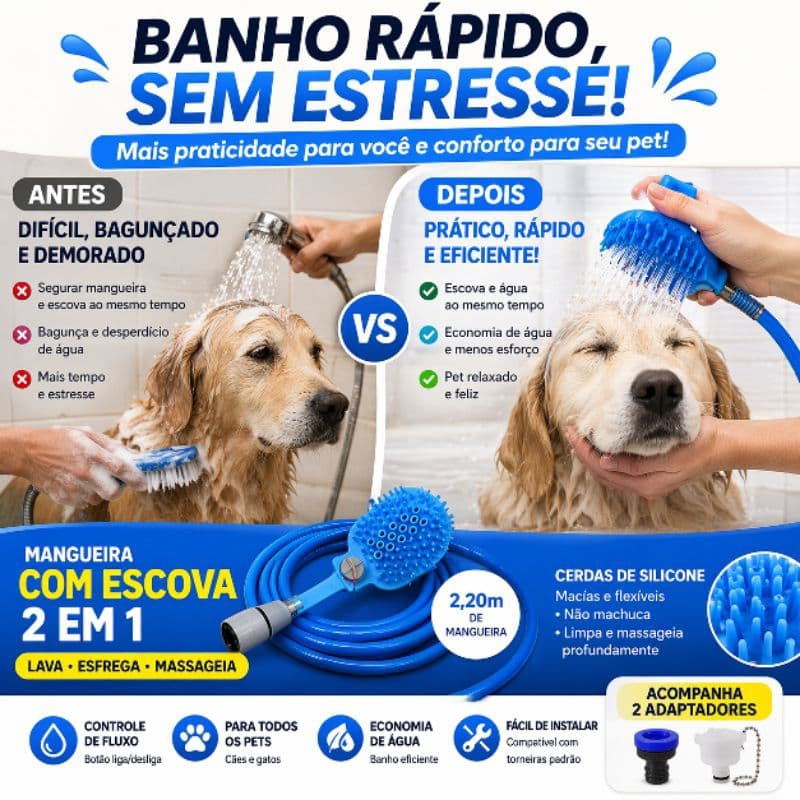 Mangueira Banho Pet com Escova Silicone 2,20m Massageadora Controle de Água Cachorro Gato